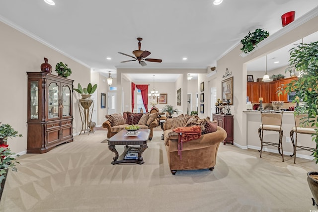 327 Trestle Way, Conway, SC 29526 - living room with light colored carpet, crown molding, a ceiling fan, recessed lighting, and a chandelier