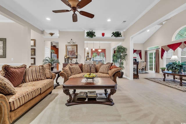 327 Trestle Way, Conway, SC 29526 - living area featuring ceiling fan, ornamental molding, recessed lighting, and light colored carpet