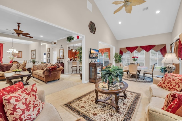 327 Trestle Way, Conway, SC 29526 - living room featuring ceiling fan, high vaulted ceiling, a chandelier, recessed lighting, and light colored carpet