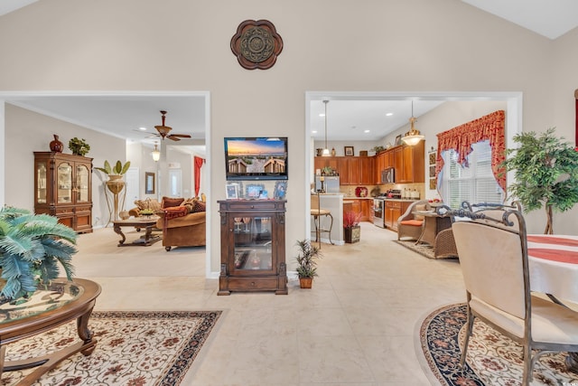 327 Trestle Way, Conway, SC 29526 - living room featuring ceiling fan, a high ceiling, and light tile patterned floors