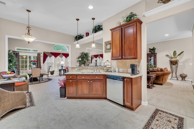 327 Trestle Way, Conway, SC 29526 - kitchen featuring dishwasher, a peninsula, brown cabinetry, tasteful backsplash, and recessed lighting