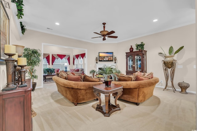 327 Trestle Way, Conway, SC 29526 - living area featuring light carpet, ceiling fan, recessed lighting, and crown molding