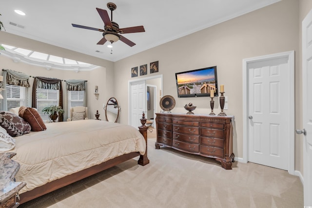 327 Trestle Way, Conway, SC 29526 - bedroom with light colored carpet, ornamental molding, a ceiling fan, and recessed lighting