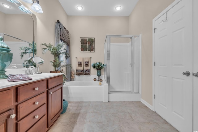 327 Trestle Way, Conway, SC 29526 - full bathroom with vanity, a garden tub, a shower stall, and tile patterned floors