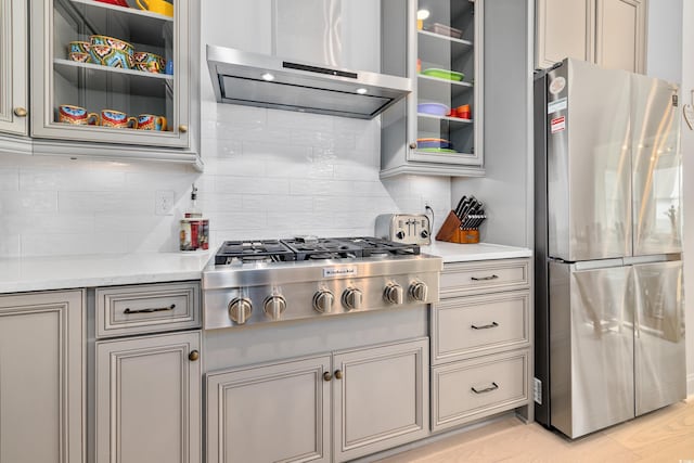 6304 Chadderton Cir, Myrtle Beach, SC 29579 - kitchen with stainless steel appliances, extractor fan, light countertops, gray cabinetry, and tasteful backsplash
