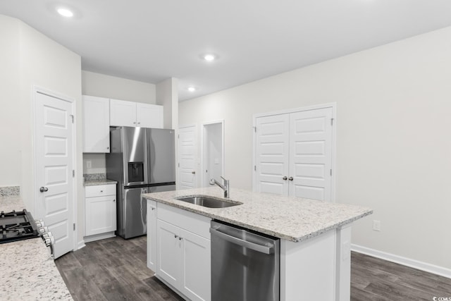 623 Harrison Mill St Unit 623, Myrtle Beach, SC 29579 - kitchen featuring stainless steel appliances, dark wood-type flooring, white cabinetry, a center island with sink, and recessed lighting