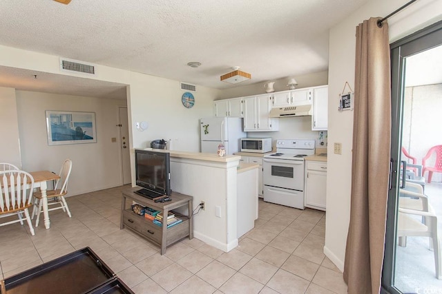 5905 S Kings Hwy Unit 1414, Myrtle Beach, SC 29575 - kitchen featuring white appliances, under cabinet range hood, light tile patterned flooring, light countertops, and white cabinets