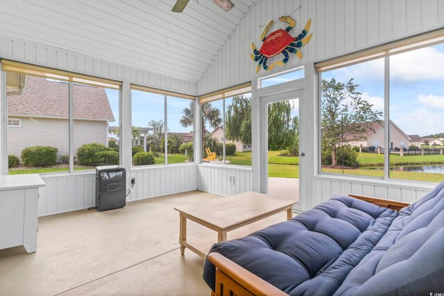 1133 Spalding Ct, Surfside Beach, SC 29575 - sunroom / solarium featuring lofted ceiling, an outdoor living space, a water view, ceiling fan, and a residential view