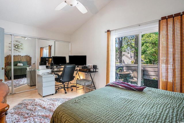 1205 Erin Way Unit 5C, Myrtle Beach, SC 29577 - bedroom featuring wood finished floors, a desk, a closet, ceiling fan, and high vaulted ceiling