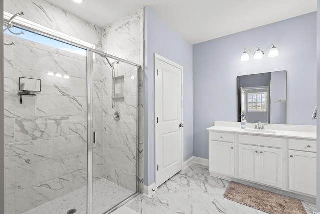 215 Kendrick St, Little River, SC 29566 - full bath featuring marble look tiles, a marble finish shower, and vanity