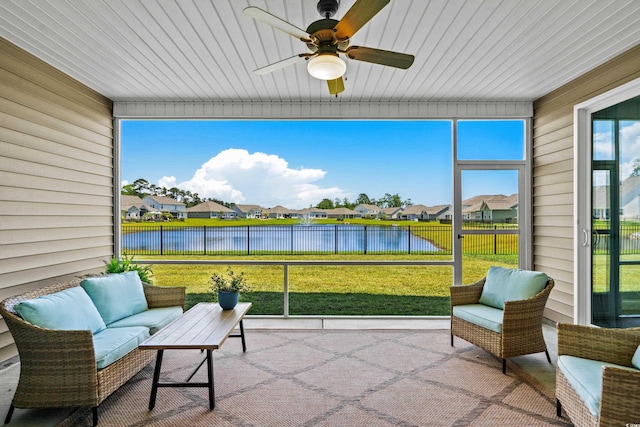215 Kendrick St, Little River, SC 29566 - sunroom / solarium with a residential view, a water view, ceiling fan, and an outdoor hangout area
