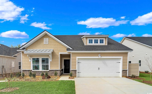 5015 Selene Ct, Myrtle Beach, SC 29588 - craftsman inspired home with stone siding, concrete driveway, a garage, a front lawn, and a shingled roof