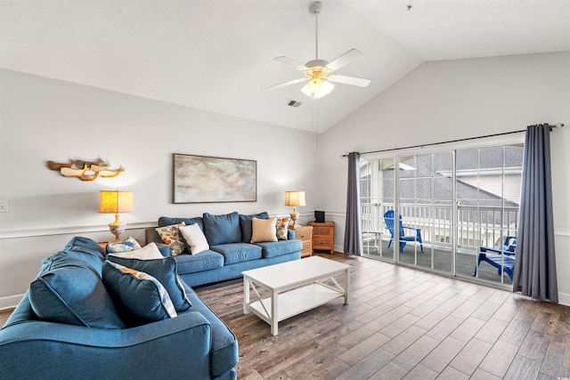 4846 Carnation Cir Unit 301, Myrtle Beach, SC 29577 - living room with ceiling fan, wood finished floors, and high vaulted ceiling