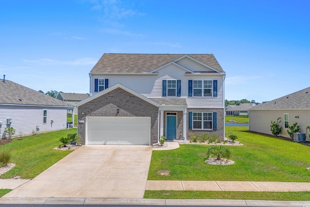 2106 Ainsley Dr, Little River, SC 29566 - traditional-style home featuring brick siding, a front lawn, concrete driveway, a garage, and a shingled roof