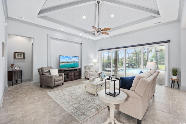 7961 San Marcello Dr, Myrtle Beach, SC 29579 - living room with ceiling fan, recessed lighting, and a raised ceiling