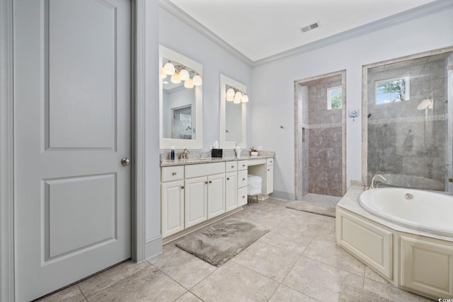 7961 San Marcello Dr, Myrtle Beach, SC 29579 - full bathroom featuring crown molding, vanity, a garden tub, a tile shower, and tile patterned flooring