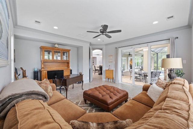 7961 San Marcello Dr, Myrtle Beach, SC 29579 - living area with crown molding, a ceiling fan, and recessed lighting