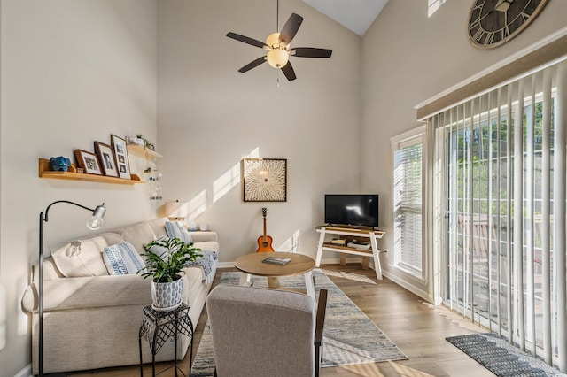 1984 Green Fern Ln Unit 1984, Myrtle Beach, SC 29579 - living area with high vaulted ceiling, ceiling fan, and wood finished floors