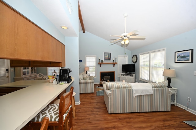 950 Tiffany Ln, North Myrtle Beach, SC 29582 - living room featuring lofted ceiling, a ceiling fan, a fireplace, and dark wood-style floors