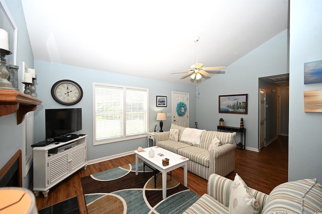 950 Tiffany Ln, North Myrtle Beach, SC 29582 - living room with vaulted ceiling, a ceiling fan, and wood finished floors
