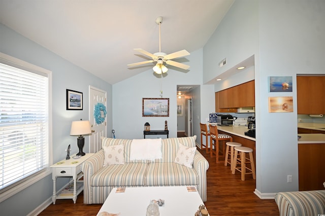 950 Tiffany Ln, North Myrtle Beach, SC 29582 - living room with dark wood-style flooring, vaulted ceiling, and ceiling fan