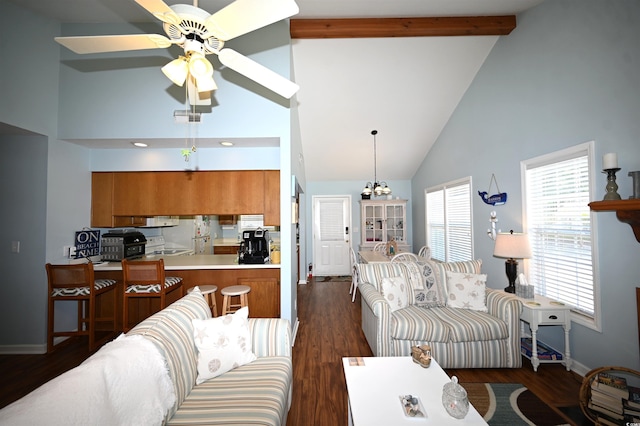 950 Tiffany Ln, North Myrtle Beach, SC 29582 - living room featuring high vaulted ceiling, a ceiling fan, dark wood-type flooring, beamed ceiling, and a chandelier