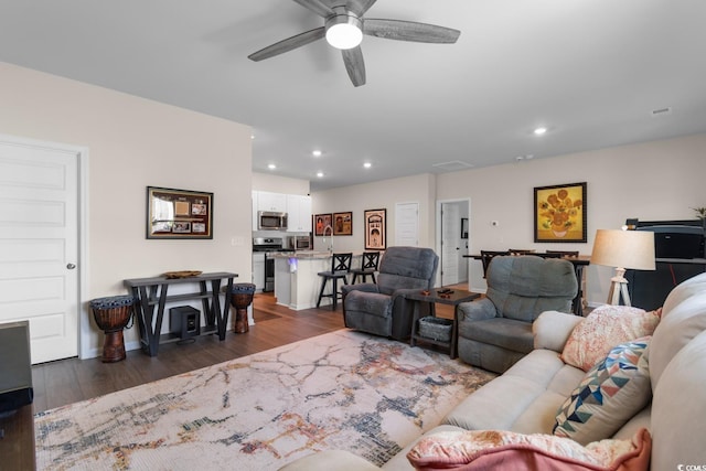 1029 Saltgrass Way, Myrtle Beach, SC 29588 - living room with recessed lighting, dark wood-style floors, and a ceiling fan