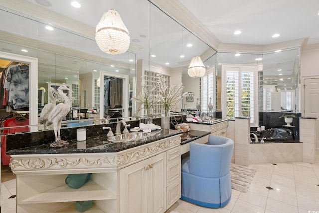 100 Ocean Park Loop, Georgetown, SC 29440 - bathroom featuring ornamental molding, tile patterned floors, a bath, vanity, and recessed lighting