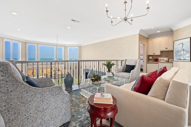 100 Ocean Park Loop, Georgetown, SC 29440 - living area with a chandelier, recessed lighting, ornamental molding, and a water view