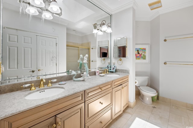100 Ocean Park Loop, Georgetown, SC 29440 - full bath featuring double vanity, a stall shower, tile patterned flooring, crown molding, and a chandelier