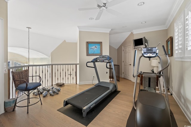 100 Ocean Park Loop, Georgetown, SC 29440 - workout area with ceiling fan, wood finished floors, recessed lighting, crown molding, and vaulted ceiling