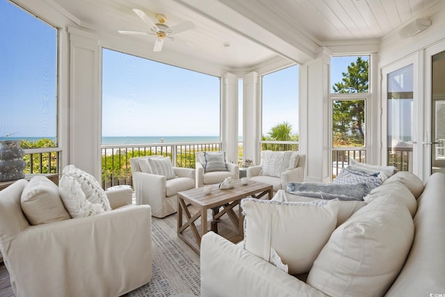100 Ocean Park Loop, Georgetown, SC 29440 - sunroom featuring a water view, wooden ceiling, wood finished floors, and crown molding