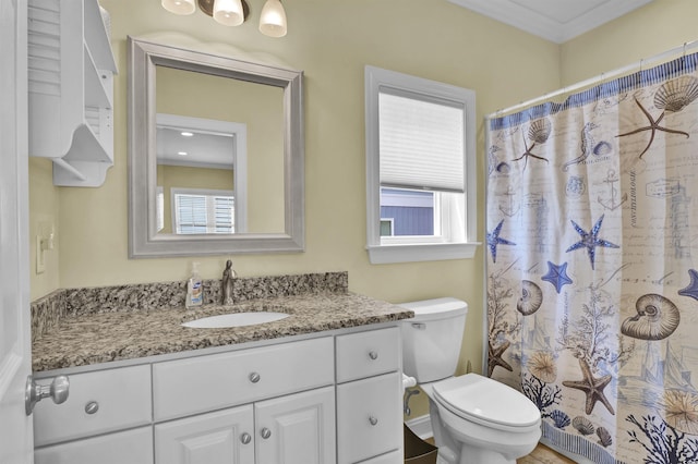 421 30th Ave S, Sunset Beach, NC 28468 - full bathroom featuring vanity, healthy amount of natural light, a shower with shower curtain, and ornamental molding