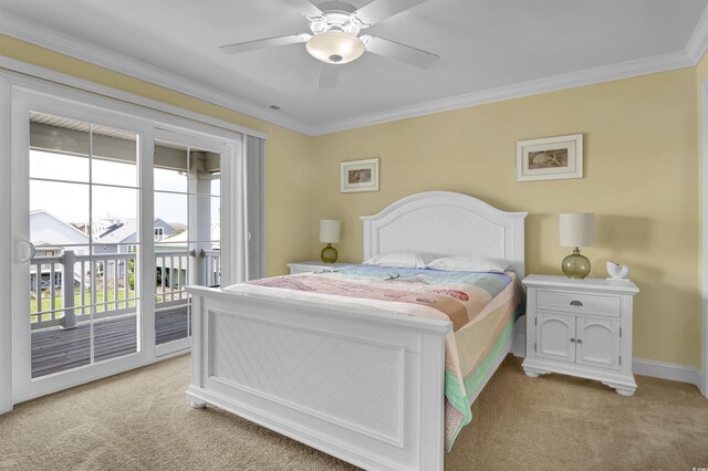421 30th Ave S, Sunset Beach, NC 28468 - bedroom with light colored carpet, access to outside, ornamental molding, and ceiling fan