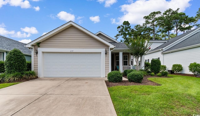637 Grand Cypress Way, Murrells Inlet, SC 29576 - ranch-style house featuring a front lawn, concrete driveway, an attached garage, and a porch
