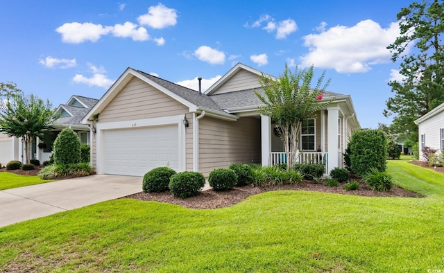637 Grand Cypress Way, Murrells Inlet, SC 29576 - ranch-style house featuring a garage, driveway, a front lawn, a porch, and roof with shingles