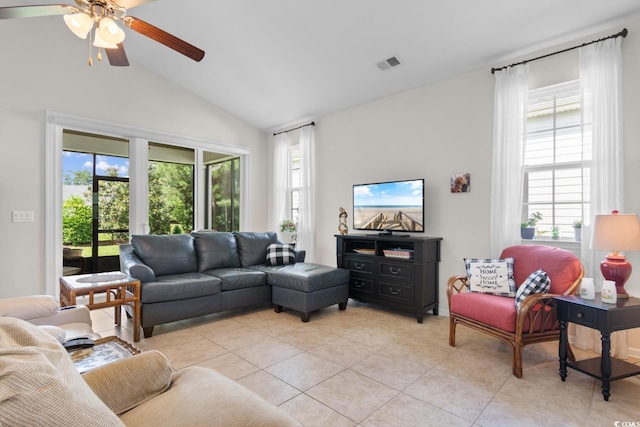 637 Grand Cypress Way, Murrells Inlet, SC 29576 - living area with healthy amount of natural light, light tile patterned floors, ceiling fan, and lofted ceiling