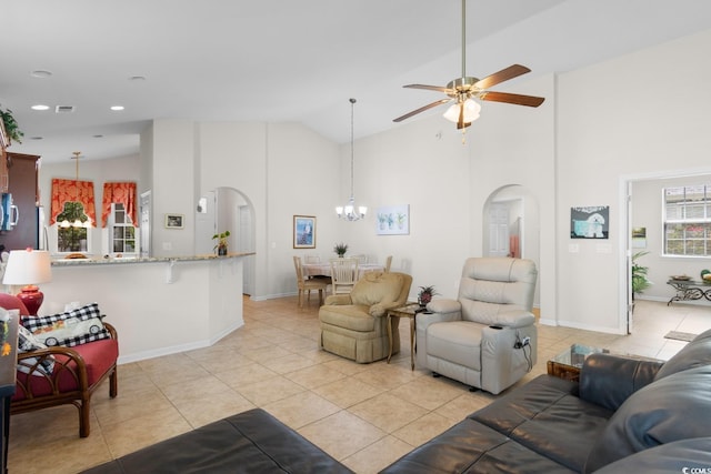 637 Grand Cypress Way, Murrells Inlet, SC 29576 - living room featuring arched walkways, a ceiling fan, light tile patterned floors, recessed lighting, and high vaulted ceiling