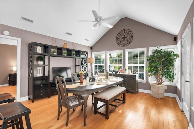 174 Edward Ave, Murrells Inlet, SC 29576 - dining space with ceiling fan, high vaulted ceiling, and light wood-style floors