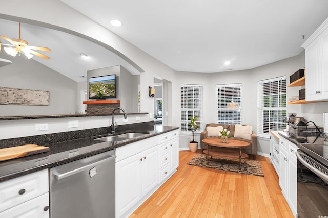 174 Edward Ave, Murrells Inlet, SC 29576 - kitchen with dishwasher, range with electric cooktop, white cabinetry, light wood-type flooring, and recessed lighting