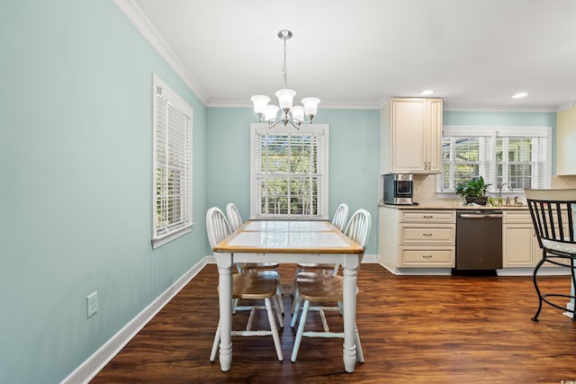 1032 Chelsey Cir, Conway, SC 29526 - dining space featuring a chandelier, dark wood-style floors, ornamental molding, and recessed lighting