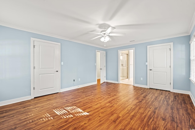 1032 Chelsey Cir, Conway, SC 29526 - unfurnished bedroom featuring crown molding, wood finished floors, connected bathroom, and a ceiling fan