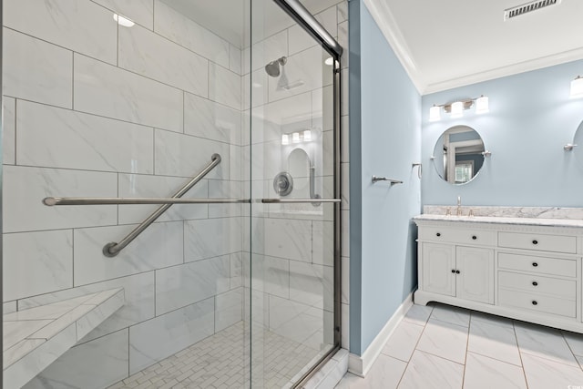 1032 Chelsey Cir, Conway, SC 29526 - full bath with ornamental molding, vanity, a shower stall, and marble look tile flooring