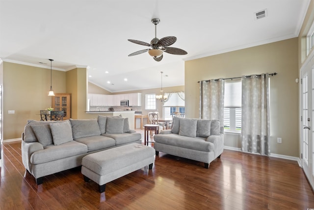 2210 Haystack Way, Myrtle Beach, SC 29579 - living area featuring dark wood-type flooring, a chandelier, recessed lighting, a ceiling fan, and ornamental molding