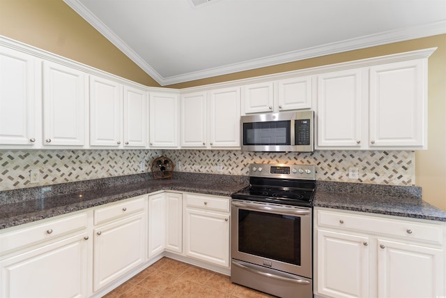 2210 Haystack Way, Myrtle Beach, SC 29579 - kitchen with appliances with stainless steel finishes, ornamental molding, decorative backsplash, white cabinets, and lofted ceiling