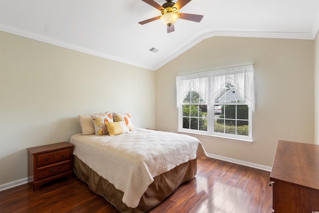 2210 Haystack Way, Myrtle Beach, SC 29579 - bedroom with dark wood-style floors, vaulted ceiling, crown molding, and a ceiling fan