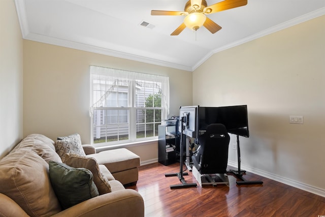 2210 Haystack Way, Myrtle Beach, SC 29579 - home office with wood finished floors, a ceiling fan, ornamental molding, and lofted ceiling