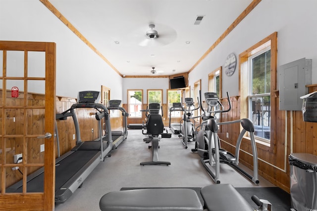 2210 Haystack Way, Myrtle Beach, SC 29579 - exercise room featuring electric panel, a ceiling fan, wood walls, wainscoting, and crown molding