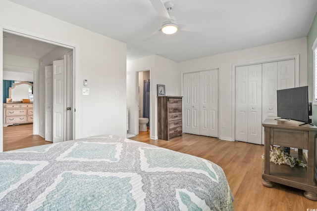 775 Plantation Dr Unit 53, Little River, SC 29566 - bedroom with two closets, wood finished floors, a ceiling fan, and connected bathroom