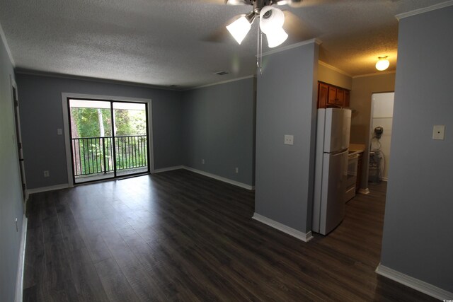 950 Forestbrook Rd Unit B-8, Myrtle Beach, SC 29588 - unfurnished living room with a textured ceiling, ceiling fan, dark wood-style flooring, and crown molding